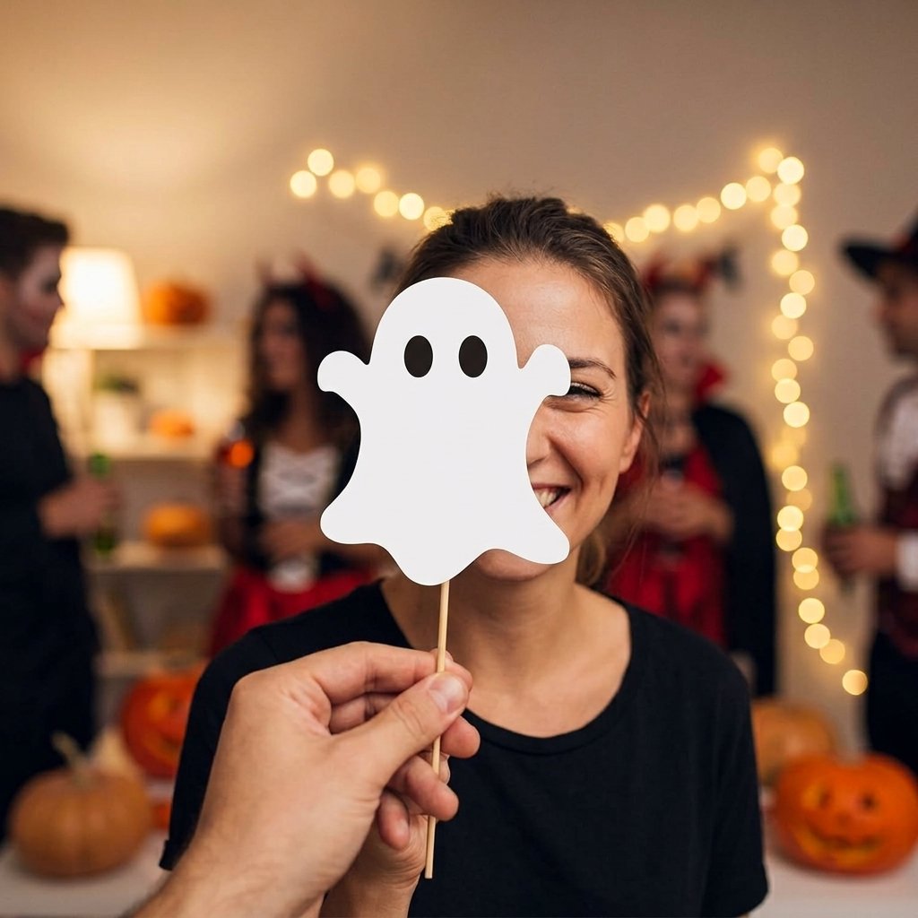 Set of 30 Halloween ghost photo booth props on sticks in orange, black and white, including speech bubbles, ghosts, hats, glasses and mustaches, printed cardstock party props for Halloween photos