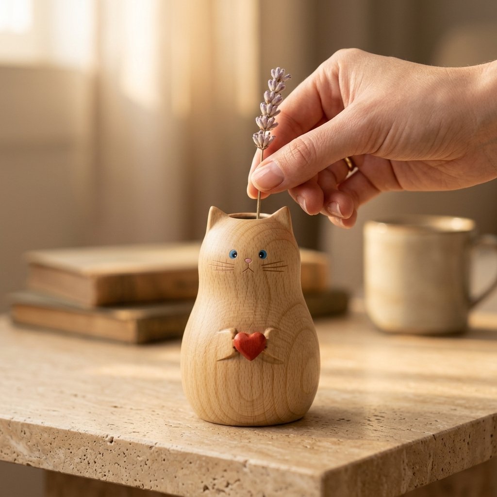 Handmade wooden cat vase holding a heart shape for home decor