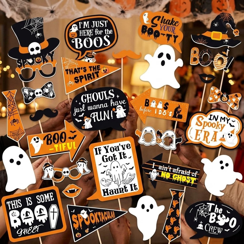 Set of 30 Halloween ghost photo booth props on sticks in orange, black and white, including speech bubbles, ghosts, hats, glasses and mustaches, printed cardstock party props for Halloween photos
