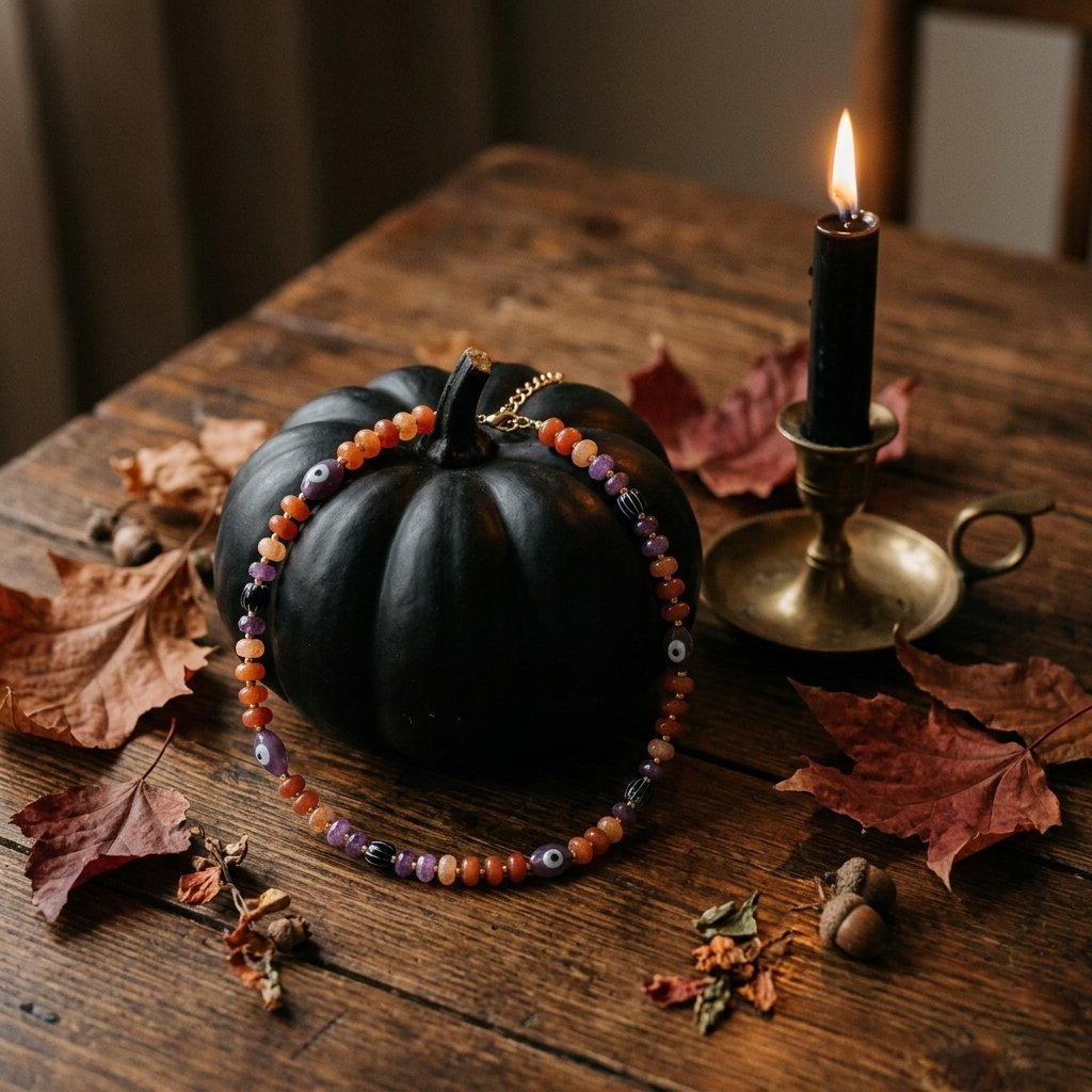Halloween beaded necklace with evil eye and pumpkin beads on a copper chain choker