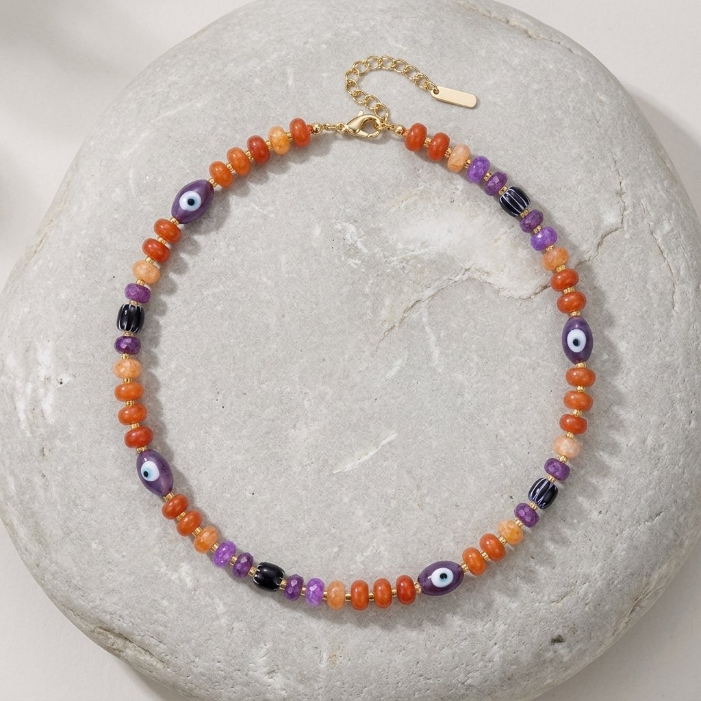 Halloween beaded necklace with evil eye and pumpkin beads on a copper chain choker