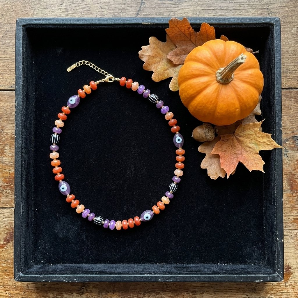 Halloween beaded necklace with evil eye and pumpkin beads on a copper chain choker