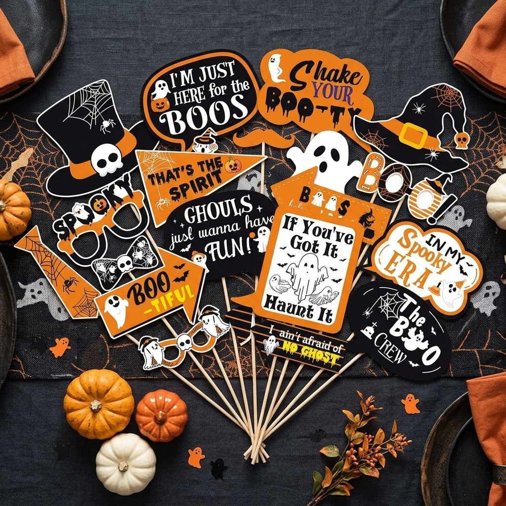 Set of 30 Halloween ghost photo booth props on sticks in orange, black and white, including speech bubbles, ghosts, hats, glasses and mustaches, printed cardstock party props for Halloween photos