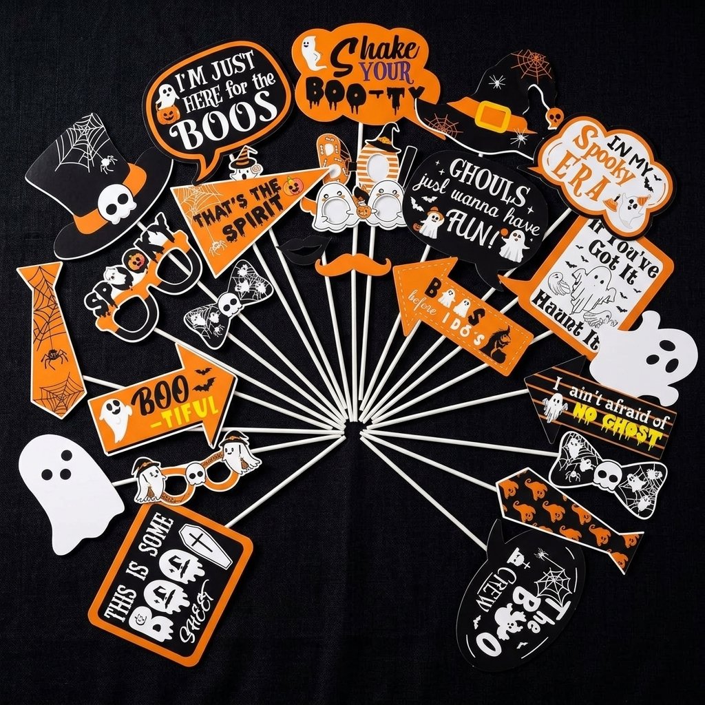 Set of 30 Halloween ghost photo booth props on sticks in orange, black and white, including speech bubbles, ghosts, hats, glasses and mustaches, printed cardstock party props for Halloween photos