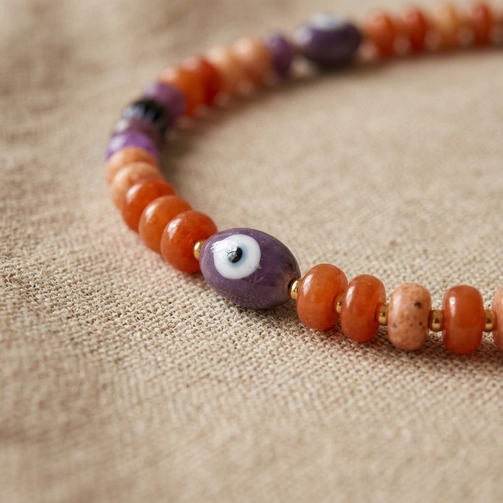 Halloween beaded necklace with evil eye and pumpkin beads on a copper chain choker