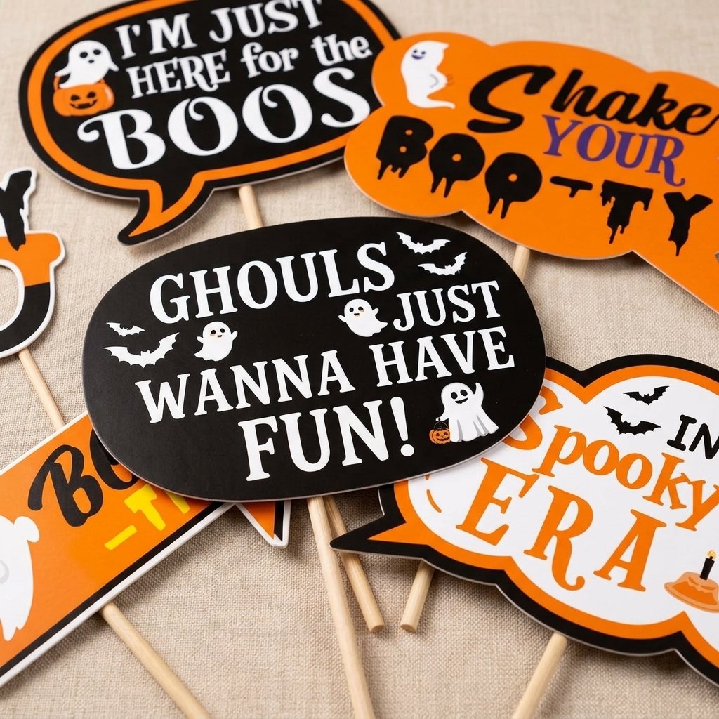Set of 30 Halloween ghost photo booth props on sticks in orange, black and white, including speech bubbles, ghosts, hats, glasses and mustaches, printed cardstock party props for Halloween photos