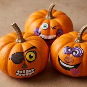 Set of 36 funny face Halloween pumpkin decorating stickers on 18 sheets with googly eyes, colorful noses, and wide smiles, shown on small orange pumpkins for kids party crafts