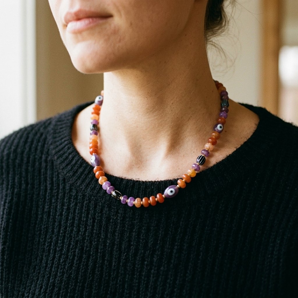 Halloween beaded necklace with evil eye and pumpkin beads on a copper chain choker