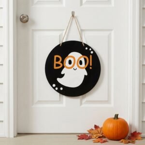 Round wooden Halloween Boo sign with cute smiling ghost design on black background, orange and white door hanger with jute rope for fall home decor
