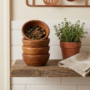 Solid acacia wood bowls set with four handmade dip and snack bowls