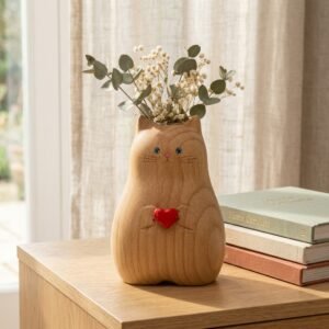 Handmade wooden cat vase holding a heart shape for home decor