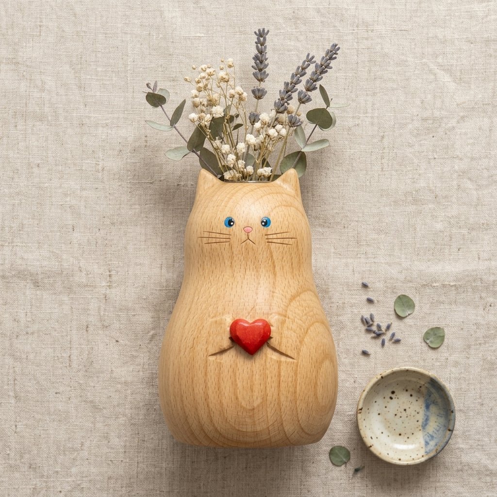 Handmade wooden cat vase holding a heart shape for home decor
