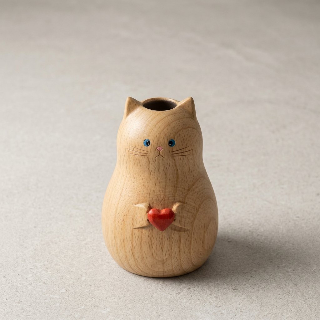 Handmade wooden cat vase holding a heart shape for home decor