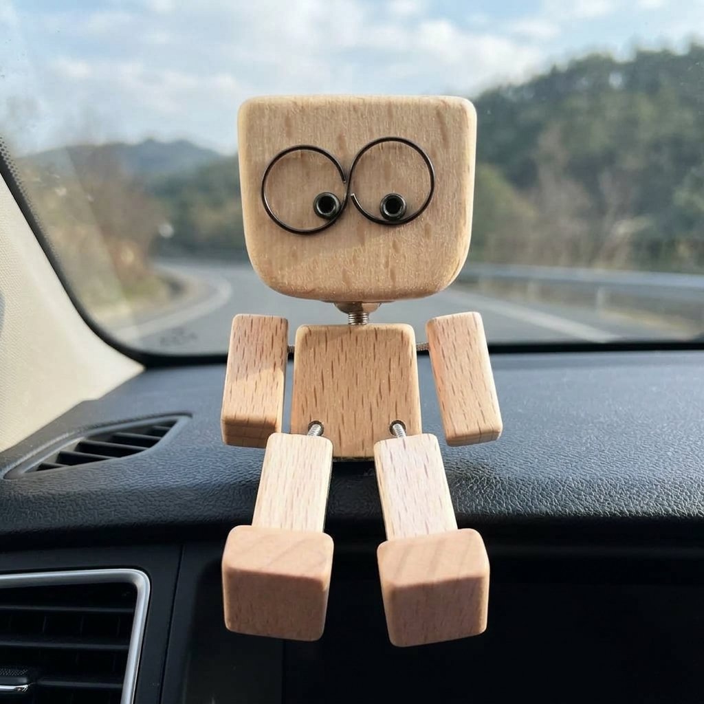 Shaking wooden man figurine with kinetic feet for car dashboard decor